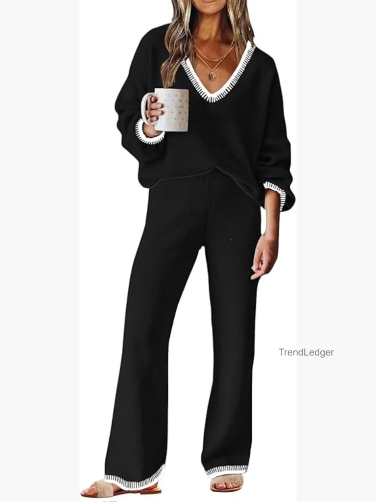 Womens 2 Piece Sweater Lounge Set V Neck Knit Pajama Set Long Sleeve Top Wide